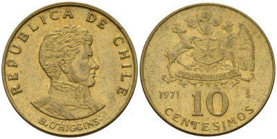 Чили 10 сентесимо 1971 KM 194 алюминиевая бронза 4158-721