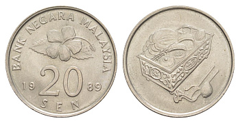 Малайзия 20 сенов 1989 KM 52 медно-никель 4629-541