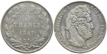 Франция 5 франков 1847 А, Луи Филипп I (1830-1848) KM 749.1 серебро 79-1311
