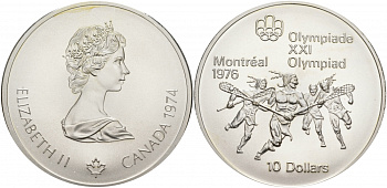 Канада 10 долларов 1974 XXI летние Олимпийские игры в Монреале 1976 года, лякросс KM 96 серебро UNC 01-172-22