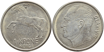 НОРВЕГИЯ 1 КРОНА 1968 ЛОШАДЬ KM 409 медно-никель 93-1053