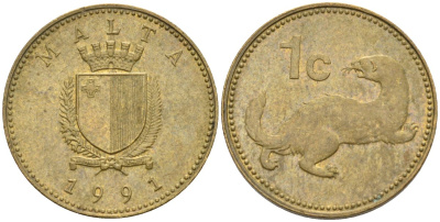 Мальта 1 цент 1991 ласка, горностай KM 93 никель латунь 4585-1163