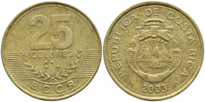 КОСТА-РИКА 25 КОЛОН 2003 B.C.C.R. KM 229а латунь 54-2144