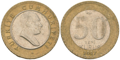 Турция 50 новых курушей 2007 KM 1168 биметалл 4610-1125