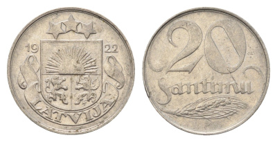Латвия 20 сантимов 1922 год-тип KM 5 никель 4689-764