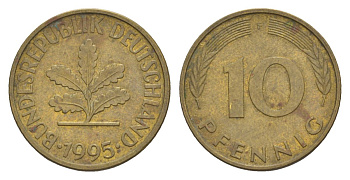 Германия 10 пфеннигов 1995 F KM 108, J. 383 сталь плакированная латунью 4627-621