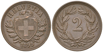 Швейцария 2 раппена 1899 B KM 4 бронза 4387-423