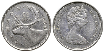 Канада 25 центов 1968 Елизавета II (1952-2022), олень KM 62 b никель 4364-1921