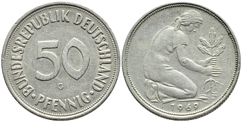 ФРГ 50 пфеннигов 1969 G КМ 109.1J.384 медно-никель 4392-1049