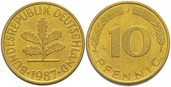 ФРГ 10 ПФЕННИГОВ 1987 J KM 108, J.383 сталь плакированная латунью 3718-834