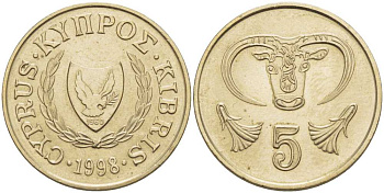 КИПР 5 ЦЕНТОВ 1998 ГОЛОВА БЫКА KM 55.3 никель латунь 119-1237