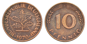 ФРГ 10 пфеннигов 1970 J KM 108, J. 383 сталь плакированная латунью 187-757