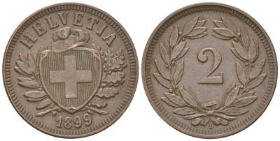 Швейцария 2 раппена 1899 B KM 4 бронза 4387-423