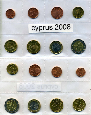 Кипр евронабор из 8 монет 2008 1, 2, 5, 10, 20, 50 евроцентов, 1, 2 евро биметалл UNC 966-2-1