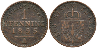 Пруссия 1 пфенниг 1855 A, Фридрих Вильгельм IV (1840-1861) KM 451 медь 4532-213