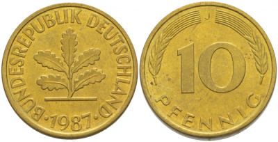 ФРГ 10 ПФЕННИГОВ 1987 J KM 108, J.383 сталь плакированная латунью 3718-834
