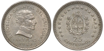 Уругвай 25 сентесимо 1960 KM 40 медно-никель 4169-931