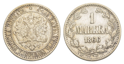 Россия для Финляндии 1 марка 1866 S, Александр II (1855-1881) Биткин 626 серебро 633-834