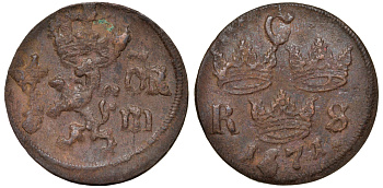 Швеция 1/6 эре 1671 Карл XI (1660-1697) была в обращении на территории России KM 254 медь 4177-415