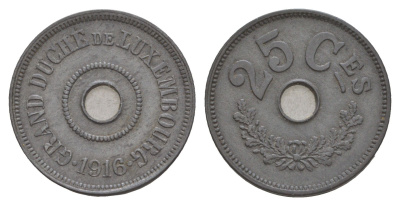 Люксембург 25 сантимов 1916 год-тип, Мария Аделаида (1912-1919), Германская оккупация KM 29 цинк 4654-644