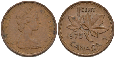 Канада 1 цент 1975 Елизавета II (1952-2022), кленовый лист KM 59.1 бронза 96-465