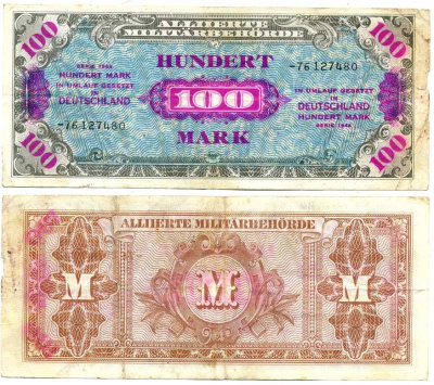 Германия, оккупация союзниками 100 марок 1944 8 цифр, без кода, выпуск СССР Pick 197 d, Розенберг 206 d бумага 7207-40-3