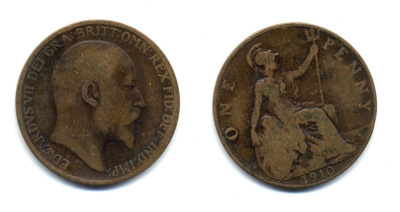 Великобритания 1 пенни 1910 Эдуард VII (1901-1910) KM 794.2, Spink 3990 бронза 47-743