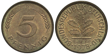 ФРГ 5 ПФЕННИГОВ 1978 D KM 107, Jager 382 сталь плакированная латунью 4547-759