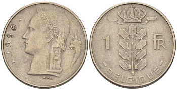 БЕЛЬГИЯ 1 ФРАНК 1960 BELGIQUE, БОДУЭН I (1951-1993) KM 142.1 медно-никель 202-1014