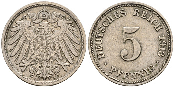 Германия 5 пфеннигов 1913 D, KM 11, J. 12 медно-никель 220-715