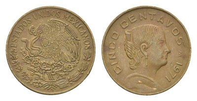 Мексика 5 сентаво 1971 Mo, Жозефа Ортис де Домингес KM 427 латунь 4664-755