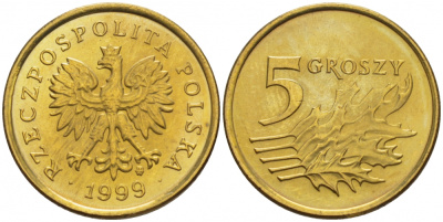 Польша 5 грошей 1999 MW KM 278, Parchimowicz 703f латунь UNC 4516-1157