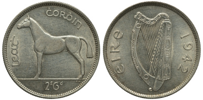 Ирландия 1/2 кроны 1942 лошадь KM 16 серебро 00-819-13