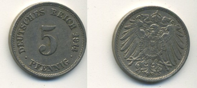 ГЕРМАНИЯ 5 ПФЕННИГОВ 1914 F, KM 11, J. 12 медно-никель 54-623