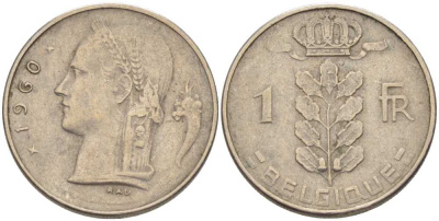 БЕЛЬГИЯ 1 ФРАНК 1960 BELGIQUE, БОДУЭН I (1951-1993) KM 142.1 медно-никель 202-1014