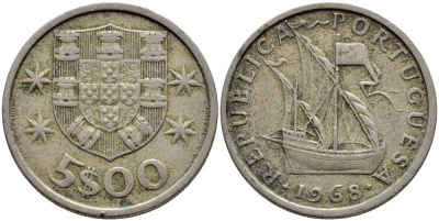 ПОРТУГАЛИЯ 5 ЭСКУДО 1968 ПАРУСНИК KM 591 медно-никель 4395-855