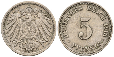 Германия 5 пфеннигов 1913 D, KM 11, J. 12 медно-никель 220-715