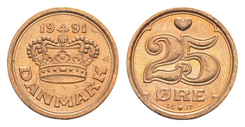 Дания 25 эре 1991 Маргрете II (1972-2024) KM 868 бронза UNC 4651-457