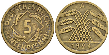 Германия 5 рентенпфеннигов 1924 A KM 32, J. 308 алюминиевая бронза 4151-655