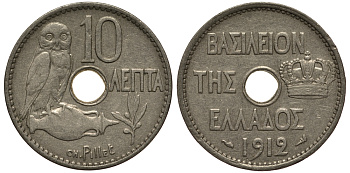 ГРЕЦИЯ 10 ЛЕПТА 1912 СОВА KM 63 никель 119-257