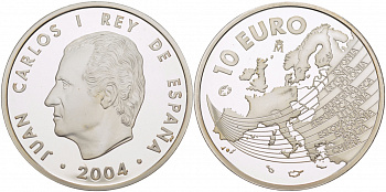 Испания 10 евро 2004 M, расширение Евросоюза, карта Европы KM 1099 серебро PROOF 11-163-33