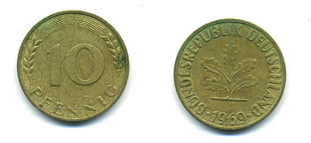 ФРГ 10 ПФЕННИГОВ 1969 G KM 108, J 383 сталь плакированная латунью 80-314