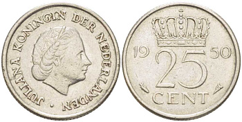 НИДЕРЛАНДЫ 25 ЦЕНТОВ 1950 ЮЛИАНА (1948-1980) KM 183 никель 214-914