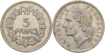 Франция 5 франков 1935 KM 888 никель 4144-414
