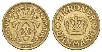 Дания 2 кроны 1925 HCN; GJ, Кристиан X (1912-1947) KM 825 алюминиевая бронза 88-133