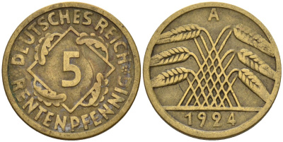 Германия 5 рентенпфеннигов 1924 A KM 32, J. 308 алюминиевая бронза 4151-655