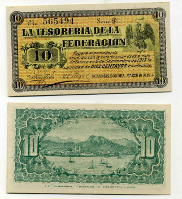 МЕКСИКА 10 СЕНТАВО 1913 LA TESORERIA DE LA FEDERACION, GUAYMAS, СЕРИЯ D Pick S1058 бумага UNC (ПРЕСС) 8589-56-3-1