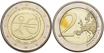 Словения 2 евро 2009 10 лет монетарной политики и введения евро KM 82 биметалл UNC M12-10