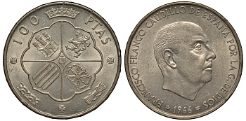 Испания 100 песет 1966 (68) Франсиско Франко (1939-1975) KM 797 серебро 633-411