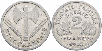 Франция 2 франка 1943 правительство Виши KM 904.1 алюминий 115-521
